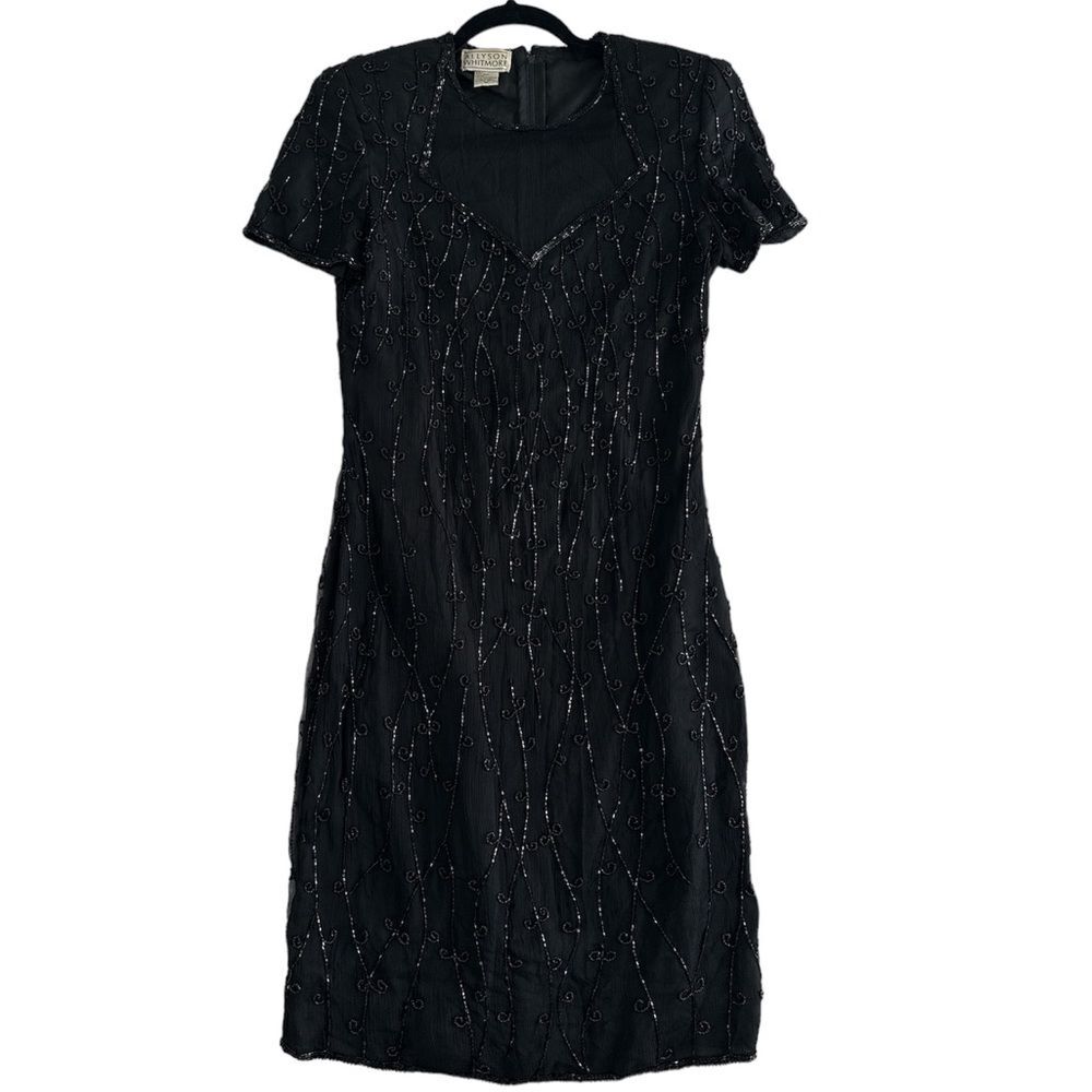 Allyson Whitmore Black Vintage 80s Beaded/Sequins Dress 100% Silk Size M…